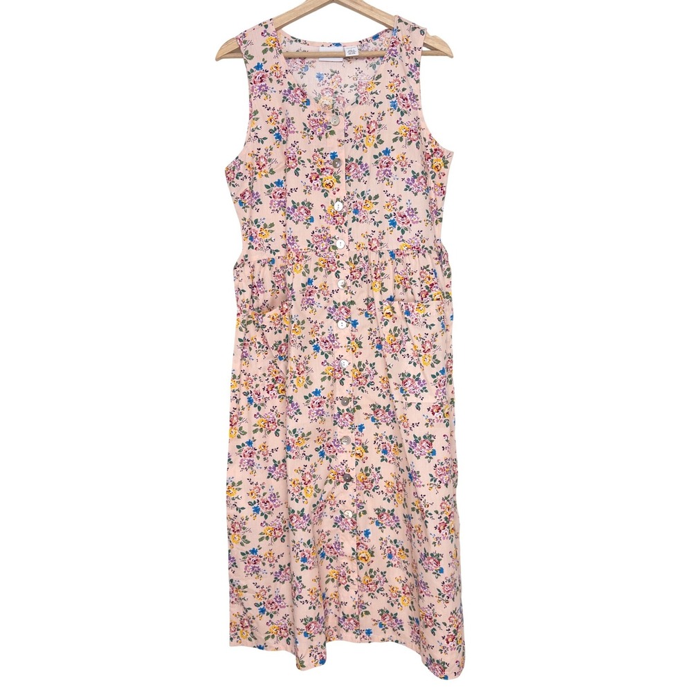 Vermont Country Store Pink Floral Cotton Button Front Midi Dress Pockets S - Picture 2 of 10